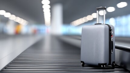 Naklejka premium Gray suitcase on airport conveyor belt. Blurred airport background