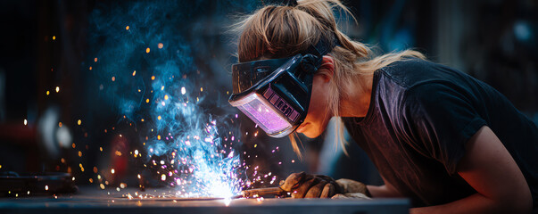 Fototapeta premium Skilled mechanic performs industrial repair work while welding, showcasing precision and focus