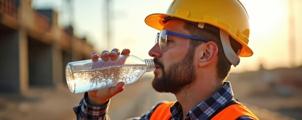 Construction worker takes hydration break drinking water from bottle on sunny hot worksite. Man wears hard hat safety helmet, vest. Preventing heat illness, dehydration, fatigue. Essential worker
