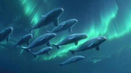 Fototapeta premium Group of whales in aurora borealis
