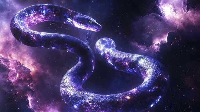 Cosmic serpent glides effortlessly through a vibrant galaxy filled with stars and nebulae. The mesmerizing colors and details create a surreal space experience