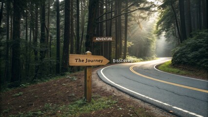 Signpost on Forest Road Indicating Adventure and Discovery Paths