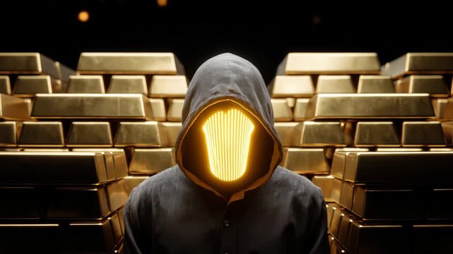 Sinister anonymous faceless figure in hoodie with glowing face before stacked gold bars