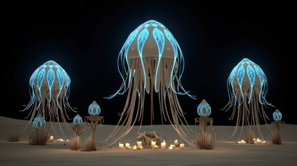 3 glowing jellyfish structures on a desert