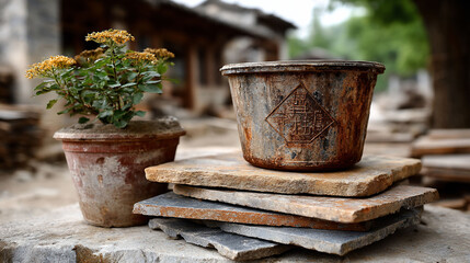 Weathered Pots Amidst Ancient Stone