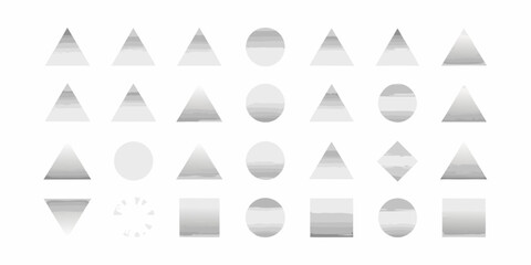 Collection of geometric shapes with watercolor texture in shades of gray on a white background