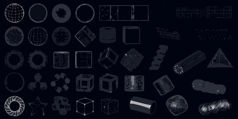 Collection of abstract 3d geometric shapes and wireframe models on a dark background