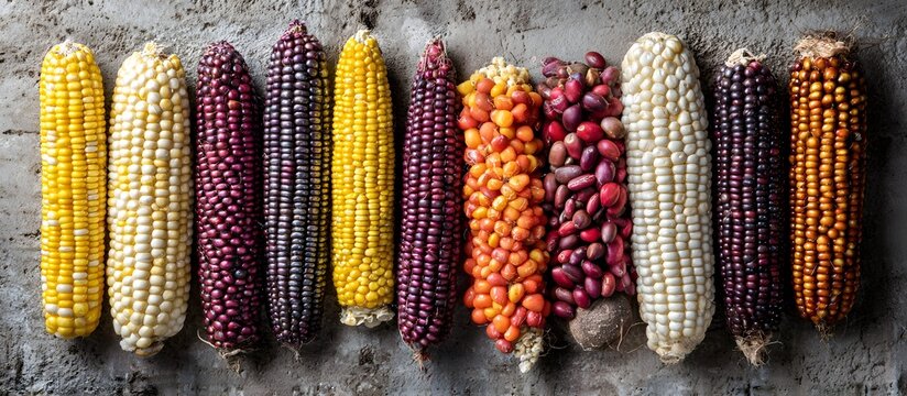 Sustainable Farming Concepts. Colorful variety of corn cobs arranged in a row.