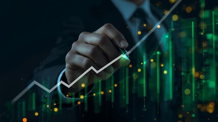 Businessman drawing upward trend line on financial stock market graph with glowing data points