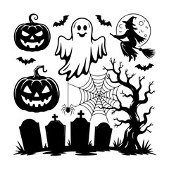 Obraz premium Halloween pumpkin and spooky icon set with bats ghosts and witches