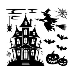 Halloween night with haunted castle and pumpkin under the moonlight