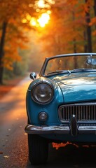Fototapeta premium Classic blue convertible car driving on road during autumn sunset. Golden hour light filters through vibrant orange, yellow fall foliage lining path. Vintage automobile travel evokes nostalgia,