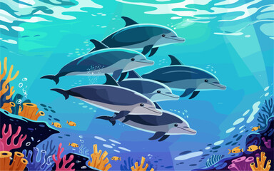 Naklejka premium Flat vector illustration of five dolphins swimming above a vibrant coral reef wall in turquoise-to-indigo ocean water. Sunlight, shading, and marine life add depth and serenity