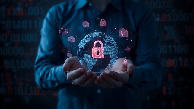 Person holding a glowing digital fingerprint with a padlock symbolizing security - Powered by Adobe