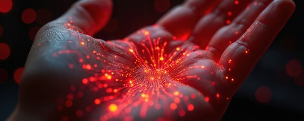 Abstract glowing circuit pattern on human palm. Red light effect, futuristic concept for digital technology, AI, machine learning, innovation, cybernetic system, data network, virtual reality,