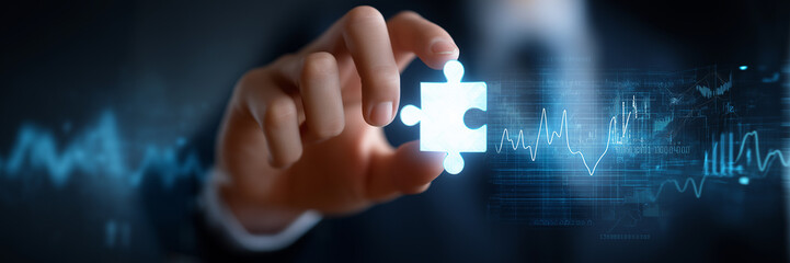 Businessman hand reach out glowing blue finger touch digital jigsaw puzzle piece banner.