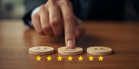 Customer feedback with happy faces and star rating on wooden table