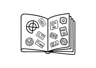 Travel passport illustration displaying stamps and visas in minimalist style for travel documentation concepts.