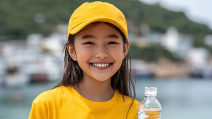 Youthful Joy Girl in yellow refreshed by water