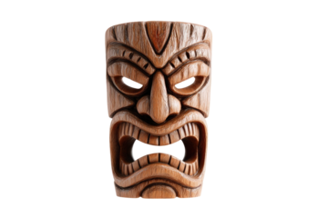 Close-up of a carved wooden tiki mask, featuring a fierce, angry expression