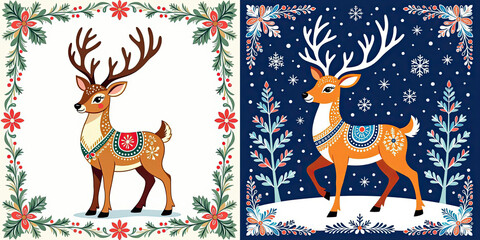 A deer in Christmas design on a white background, tile pattern set