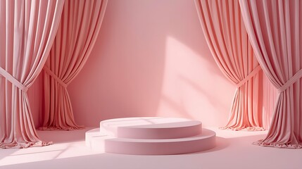 Soft pink curtains frame a two tiered cake stand with sunlight