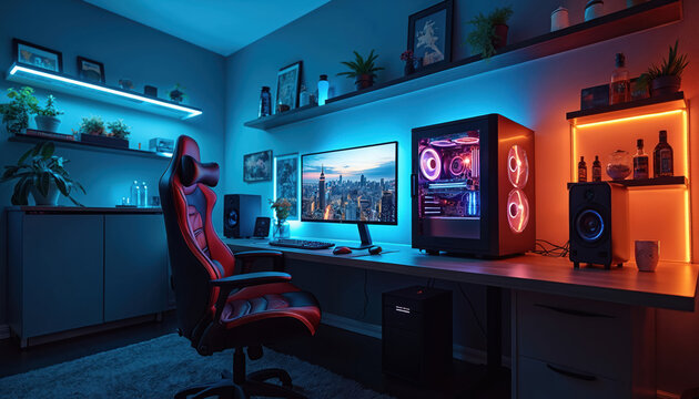 Modern gaming setup featuring high-end computer with neon lighting, sleek desk, comfortable chair. Includes large monitor displaying cityscape, powerful PC tower with RGB fans, speakers, keyboard,