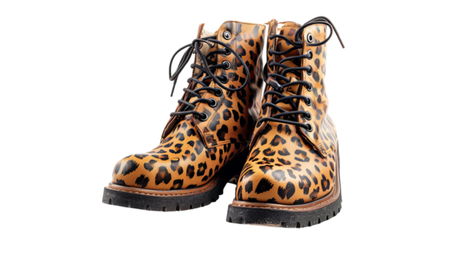 PNG of Stylish leopard print boots with laces on a white background, showcasing bold fashion and trendy design.