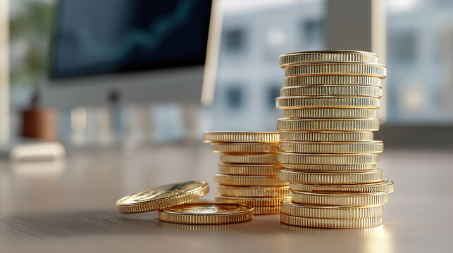 A stack of gold coins shining on a table with a computer monitor in the background - Powered by Adobe