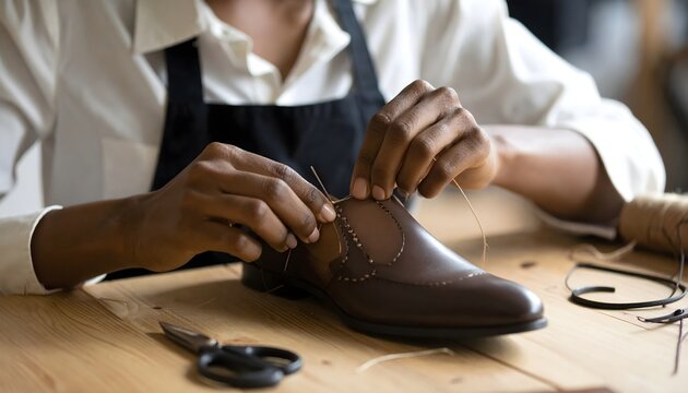 A skilled shoemaker meticulously hand-stitching a classic brown leather shoe in a workshop. - Powered by Adobe