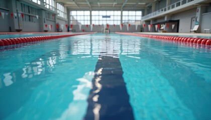 Indoor swimming pool with clean blue water and red lane ropes ready for competitive training. Modern facility features bright natural light through large windows, ideal for athletic practice.