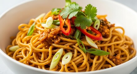 Golden noodles with savory topping, red pepper slices and fresh herbs in bowl.
