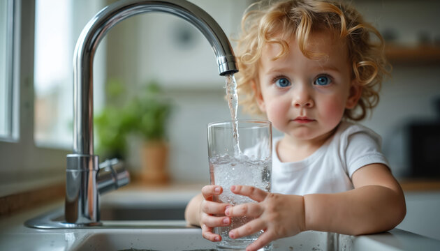 Smiling child pours fresh water into glass at home kitchen sink. Blue eyed toddler girl with blonde curly hair holds transparent cup under running tap water. Pure liquid refreshment, thirst quencher,