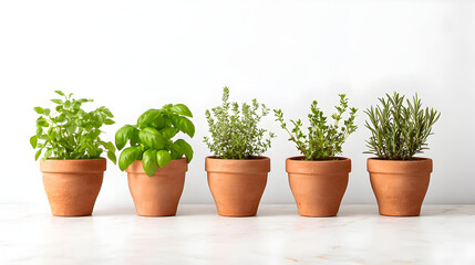 Fototapeta premium A delightful assortment of five potted herbs, each lovingly displayed in charming terracotta pots, adorns a sunlit kitchen counter during the day
