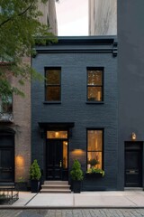 Modern urban townhouse exterior design featuring black brick facade, large windows, and elegant entrance at dusk in a vibrant city neighborhood