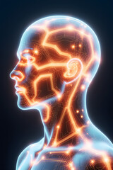 Obraz premium Cybernetic Being: A human form, subtly outlined in a mesmerizing blend of radiant circuits, representing a fascinating fusion of human anatomy and advanced technological integrations.