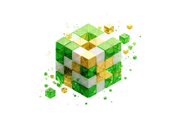 Obraz premium A 3D green and gold cube, faceted and detailed, with a radiating effect of smaller, scattered gems