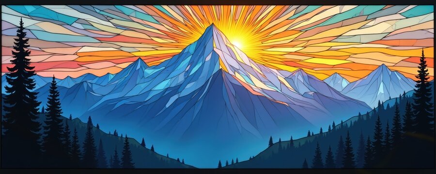 Illustration of mountain range at sunrise in stained glass style. Features geometric shapes, vibrant colors like orange, yellow, blue, purple, creating striking natural scene. Trees frame foreground,