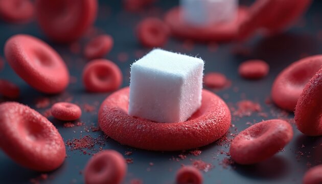 Close-up view of red blood cells, sugar cubes, diabetes, hyperglycemia. Visual representation of high blood sugar effects on blood cells. Medical concept for healthcare, research, wellness.