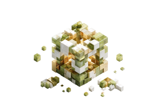 Complex, interconnected cube, fragmented, light beige, and olive-green cubes, 3D design, abstract