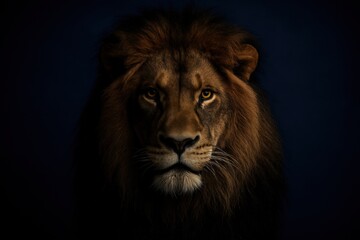 A powerful male lion emerges from the shadows in this dramatic portrait, his intense gaze and majestic mane symbolizing wild regality and strength