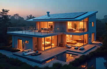Futuristic smart home with glowing solar panels integrated into roof, connected to digital energy grid. Modern villa features expansive glass windows, multiple levels, luxurious amenities like