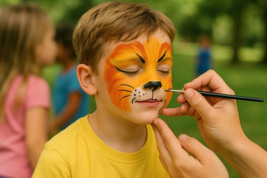 Creative artist hand painting a fun and colorful lion design on a happy young boy's face at an outdoor party