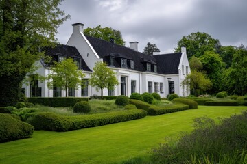 Obraz premium Elegant white mansion surrounded by well-manicured gardens and lush greenery on a cloudy day in a serene residential area