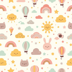Adorable seamless pattern with kawaii sun clouds rainbows and cute animal faces in pastel colors