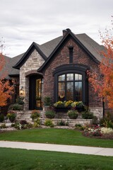 Nestled in a tranquil suburban neighborhood, this stunning brick house features charming stone accents and vibrant flower beds, creating a picturesque autumn scene