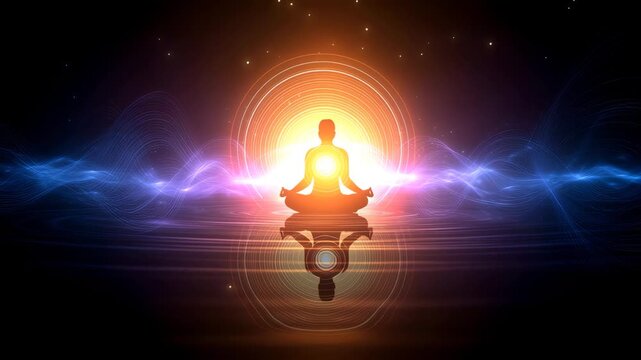Serene yoga silhouette meditation with glowing spiritual light energy