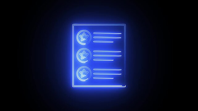 blue Neon List Items with Highlight Stars. Glowing blue Neon List with Star Symbols on Dark Background. blue Neon Light Star-Point List Animation.