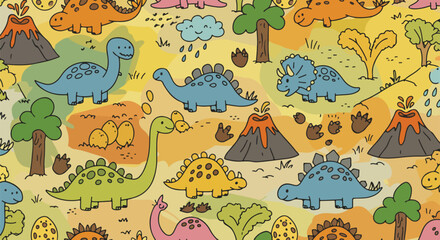 Fototapeta premium A playful seamless pattern of colorful cartoon dinosaurs in a prehistoric world with volcanoes trees and eggs