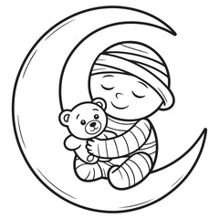 Sleeping Baby Mummy Hugging Teddy Bear on Crescent Moon – Kawaii Halloween Bedtime Coloring Page